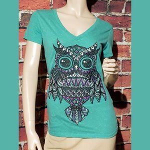 Womens Mandala Style Owl Graphic V Neck T Shirt Tee Size Juniors Medium M